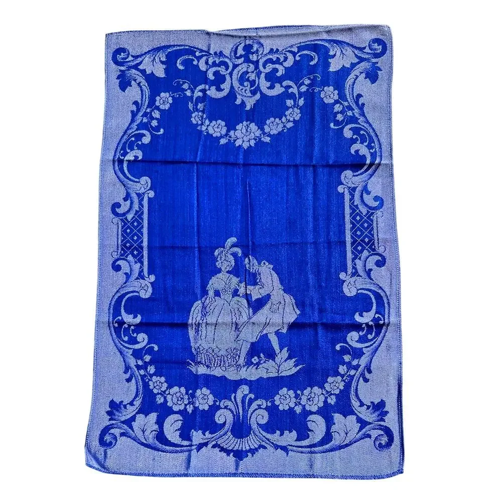 Cobalt Blue Damask Textile Hand Towel Courting Couple 14x21 Vintage 1950